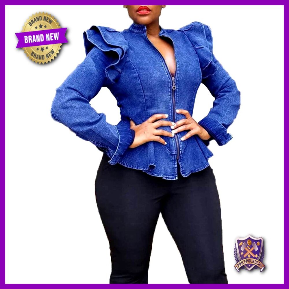 Denim Jacket Long Sleeve Zip Ruffle Shoulder Peplum Coat Plus Size Casual
